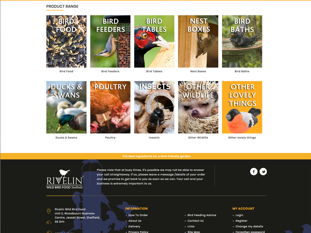 Rivelin Wild Bird Food, e-commerce, fully responsiveWebsite design, Wordpress, SEO, fully responsive, Sheffield, website build, brand consultancy, branding, graphic design